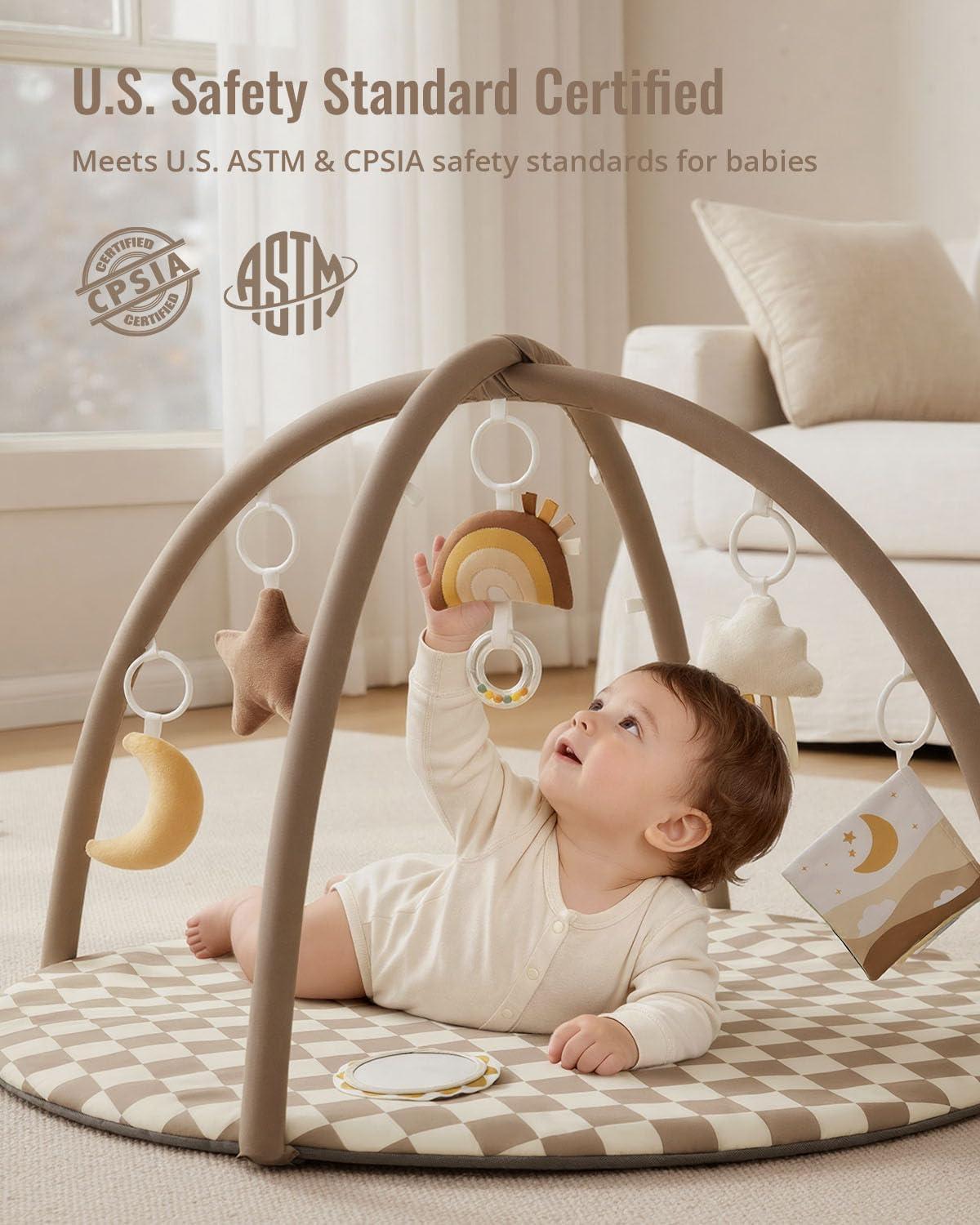 image:imageBlissful Diary Baby Play Gym Mat Play Mat Activity Mat with 6 Detachable Toys for StageBased Sensory amp Motor Skill Development Easy to Install amp Clean Baby Essentials Gift Brown CheckerboardBrown Checkerboard