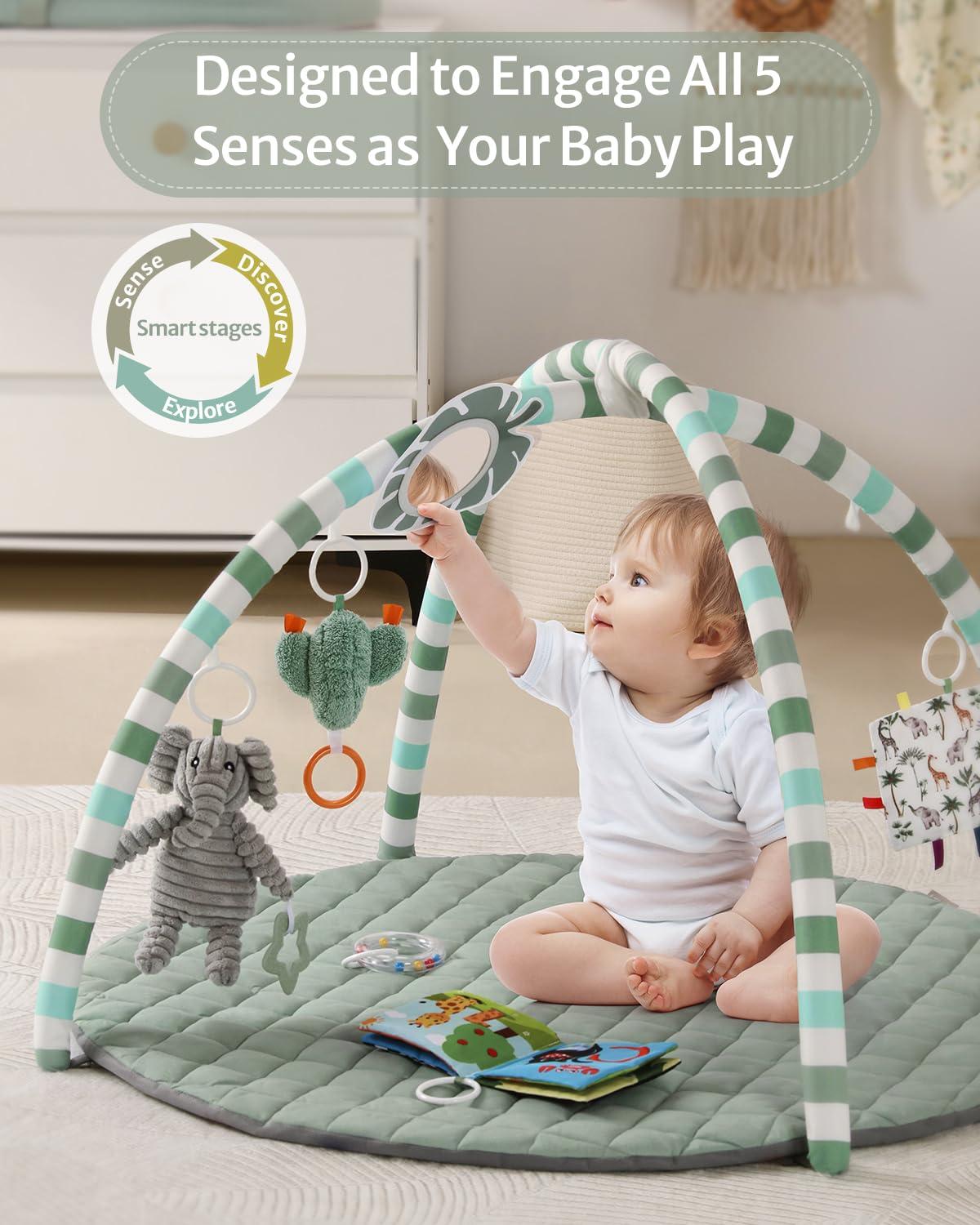 image:imageBlissful Diary Baby Play Gym Mat Play Mat Activity Mat with 6 Detachable Toys for StageBased Sensory amp Motor Skill Development Easy to Install amp Clean Baby Essentials Gift Brown CheckerboardSage Green