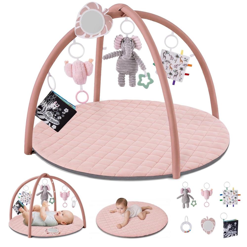 image:imageBlissful Diary Baby Play Gym Mat Play Mat Activity Mat with 6 Detachable Toys for StageBased Sensory amp Motor Skill Development Easy to Install amp Clean Baby Essentials Gift Brown CheckerboardPink