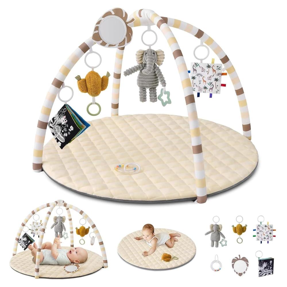 image:imageBlissful Diary Baby Play Gym Mat Play Mat Activity Mat with 6 Detachable Toys for StageBased Sensory amp Motor Skill Development Easy to Install amp Clean Baby Essentials Gift Brown CheckerboardBeige