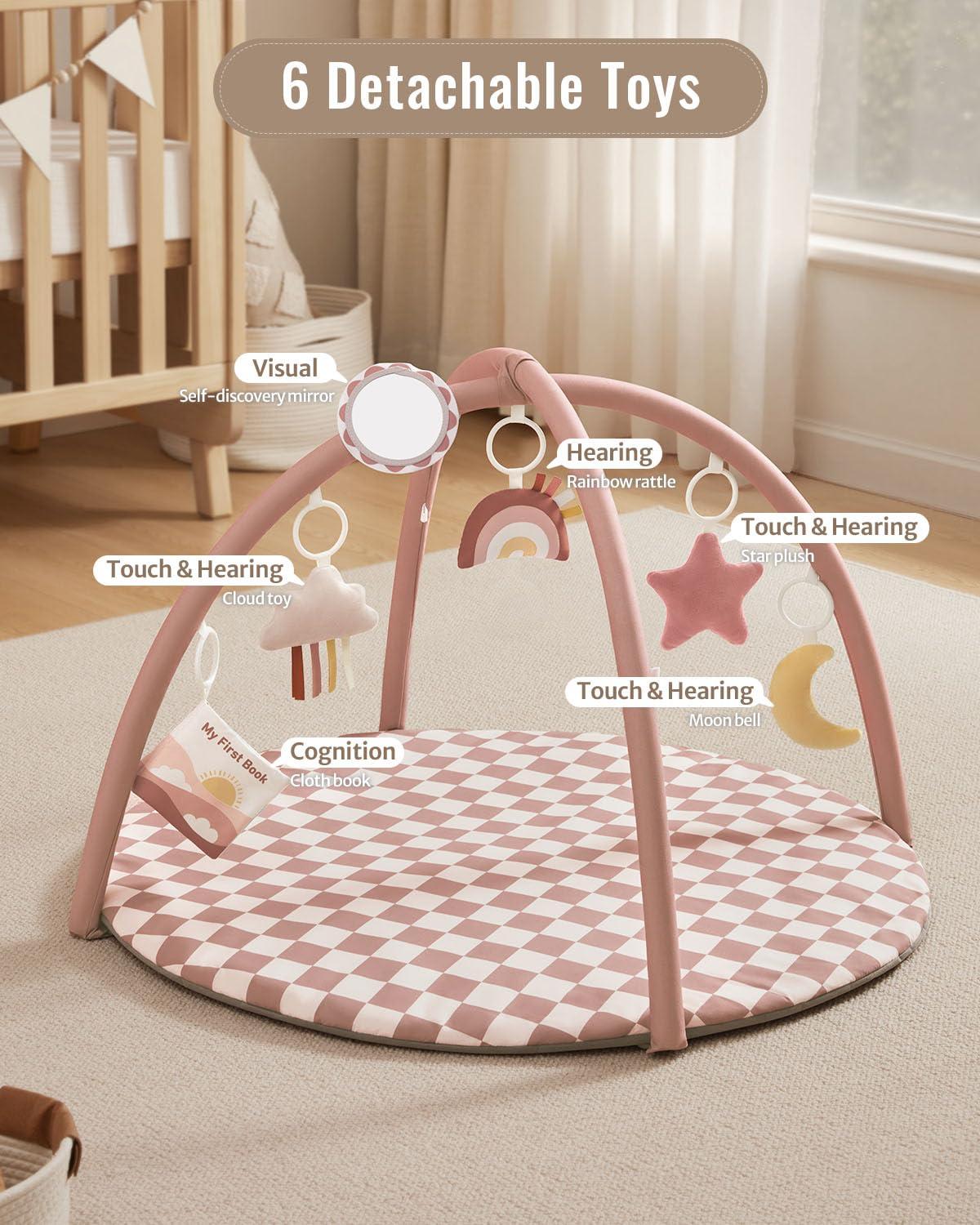 image:imageBlissful Diary Baby Play Gym Mat Play Mat Activity Mat with 6 Detachable Toys for StageBased Sensory amp Motor Skill Development Easy to Install amp Clean Baby Essentials Gift Blush CheckeredBlush Checkerboard