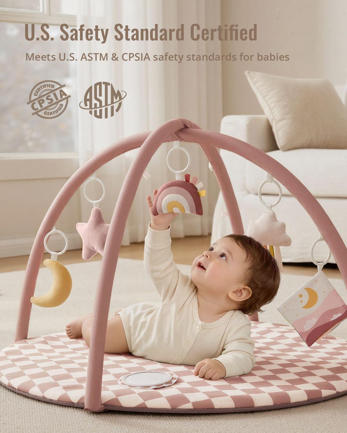 image:imageBlissful Diary Baby Play Gym Mat Play Mat Activity Mat with 6 Detachable Toys for StageBased Sensory amp Motor Skill Development Easy to Install amp Clean Baby Essentials Gift Blush CheckeredBlush Checkerboard