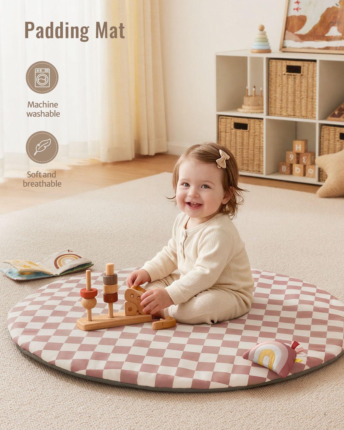 image:imageBlissful Diary Baby Play Gym Mat Play Mat Activity Mat with 6 Detachable Toys for StageBased Sensory amp Motor Skill Development Easy to Install amp Clean Baby Essentials Gift Blush CheckeredBlush Checkerboard