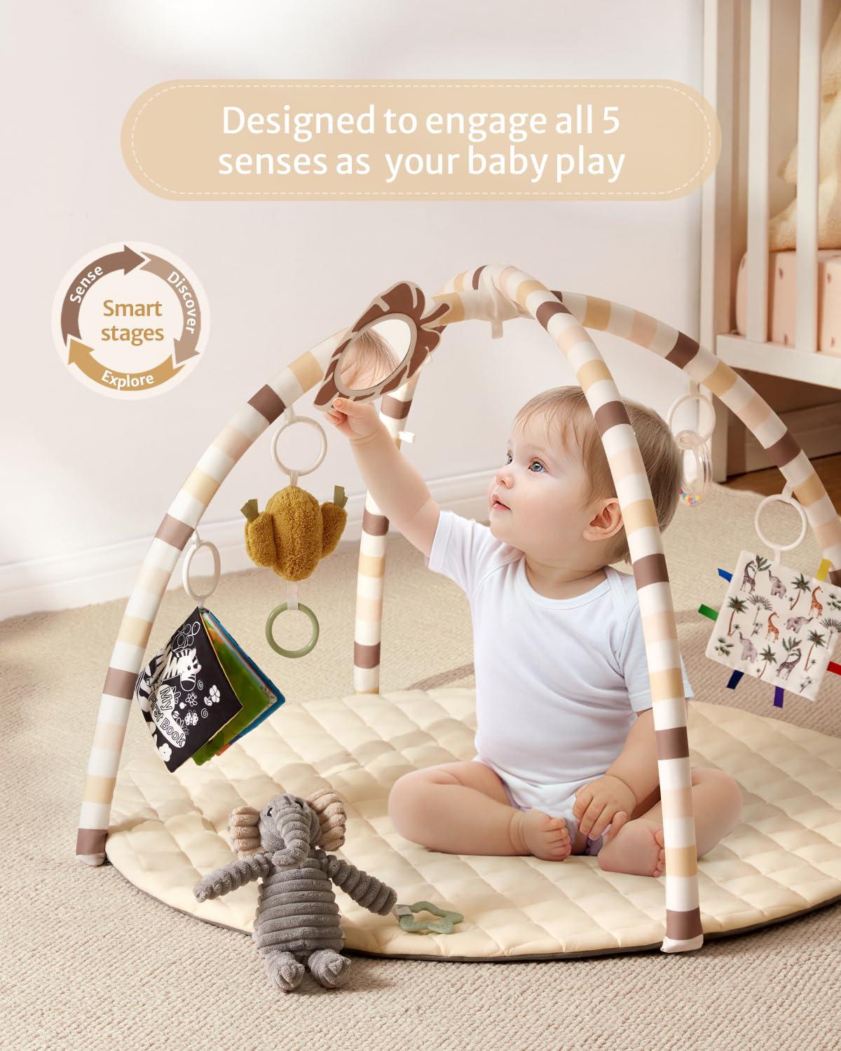 image:imageBlissful Diary Baby Play Gym Mat Play Mat Activity Mat with 6 Detachable Toys for StageBased Sensory amp Motor Skill Development Easy to Install amp Clean Baby Essentials Gift Blush CheckeredBeige