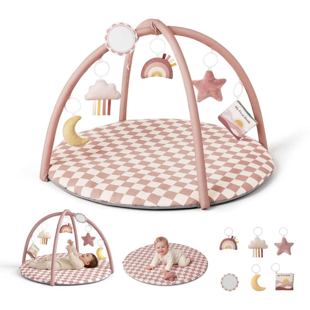 image:imageBlissful Diary Baby Play Gym Mat Play Mat Activity Mat with 6 Detachable Toys for StageBased Sensory amp Motor Skill Development Easy to Install amp Clean Baby Essentials Gift Blush CheckeredBlush Checkerboard