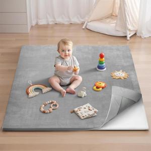 image:imageBlissful Diary 13 Thick Baby Play Mat 71x59 Playpen Mat with Removable amp Washable Cover Ultra Soft Crawling Rug for Floor Foam Cushion amp NonSlip Backing for Kids Toddlers Earth Tone RainbowLight Grey