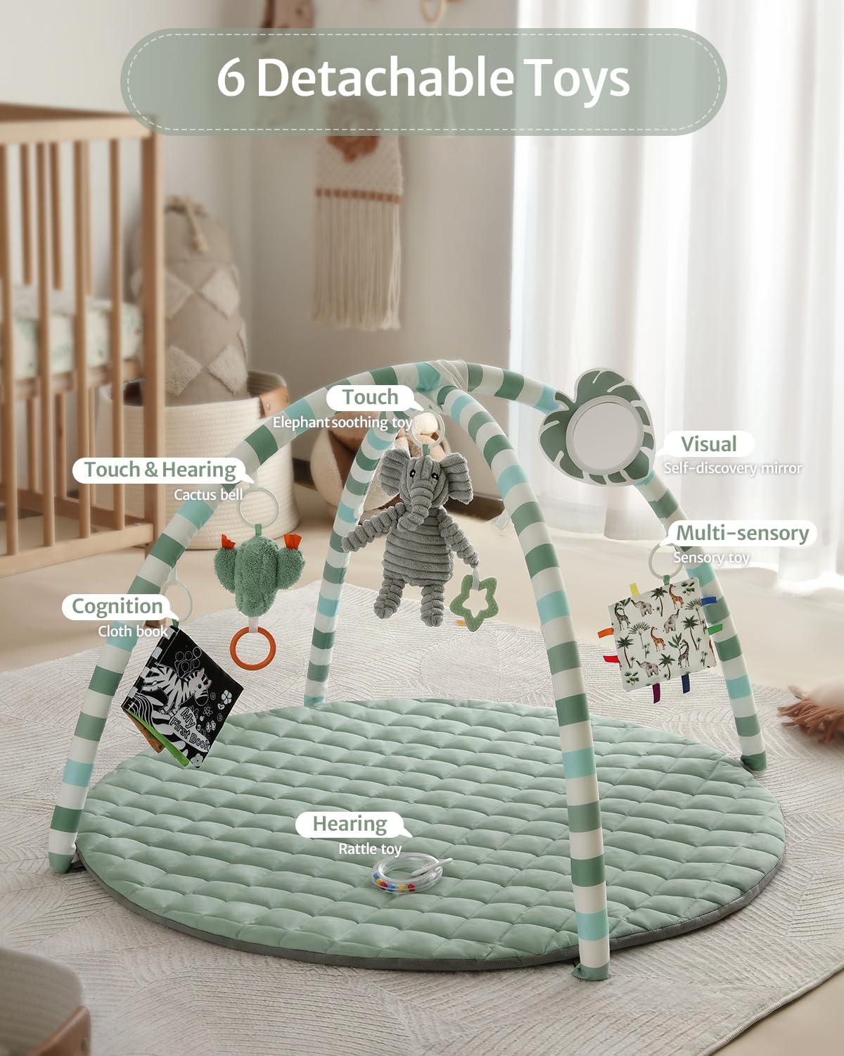 image:imageBlissful Diary Baby Play Gym Mat Play Mat Activity Mat with 6 Detachable Toys for StageBased Sensory amp Motor Skill Development Easy to Install amp Clean Baby Essentials Gift Sage CheckerboardSage Green