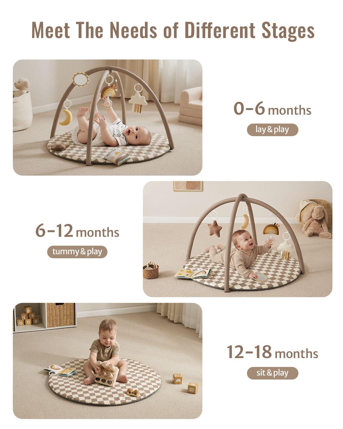 image:imageBlissful Diary Baby Play Gym Mat Play Mat Activity Mat with 6 Detachable Toys for StageBased Sensory amp Motor Skill Development Easy to Install amp Clean Baby Essentials Gift Sage CheckerboardBrown Checkerboard