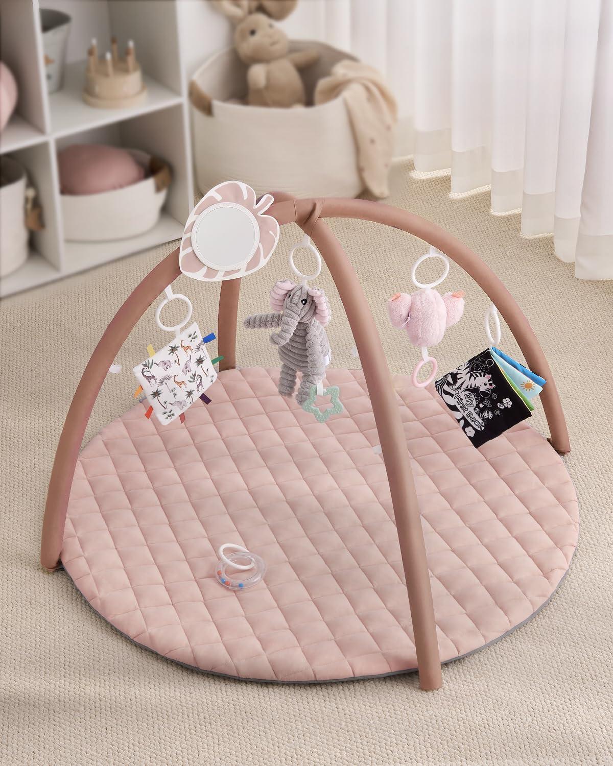 image:imageBlissful Diary Baby Play Gym Mat Play Mat Activity Mat with 6 Detachable Toys for StageBased Sensory amp Motor Skill Development Easy to Install amp Clean Baby Essentials Gift Sage CheckerboardPink
