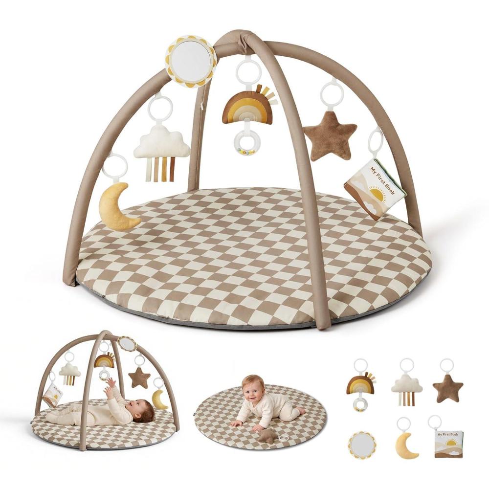 image:imageBlissful Diary Baby Play Gym Mat Play Mat Activity Mat with 6 Detachable Toys for StageBased Sensory amp Motor Skill Development Easy to Install amp Clean Baby Essentials Gift Sage CheckerboardBrown Checkerboard
