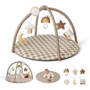image:imageBlissful Diary Baby Play Gym Mat Play Mat Activity Mat with 6 Detachable Toys for StageBased Sensory amp Motor Skill Development Easy to Install amp Clean Baby Essentials Gift Sage CheckerboardBrown Checkerboard