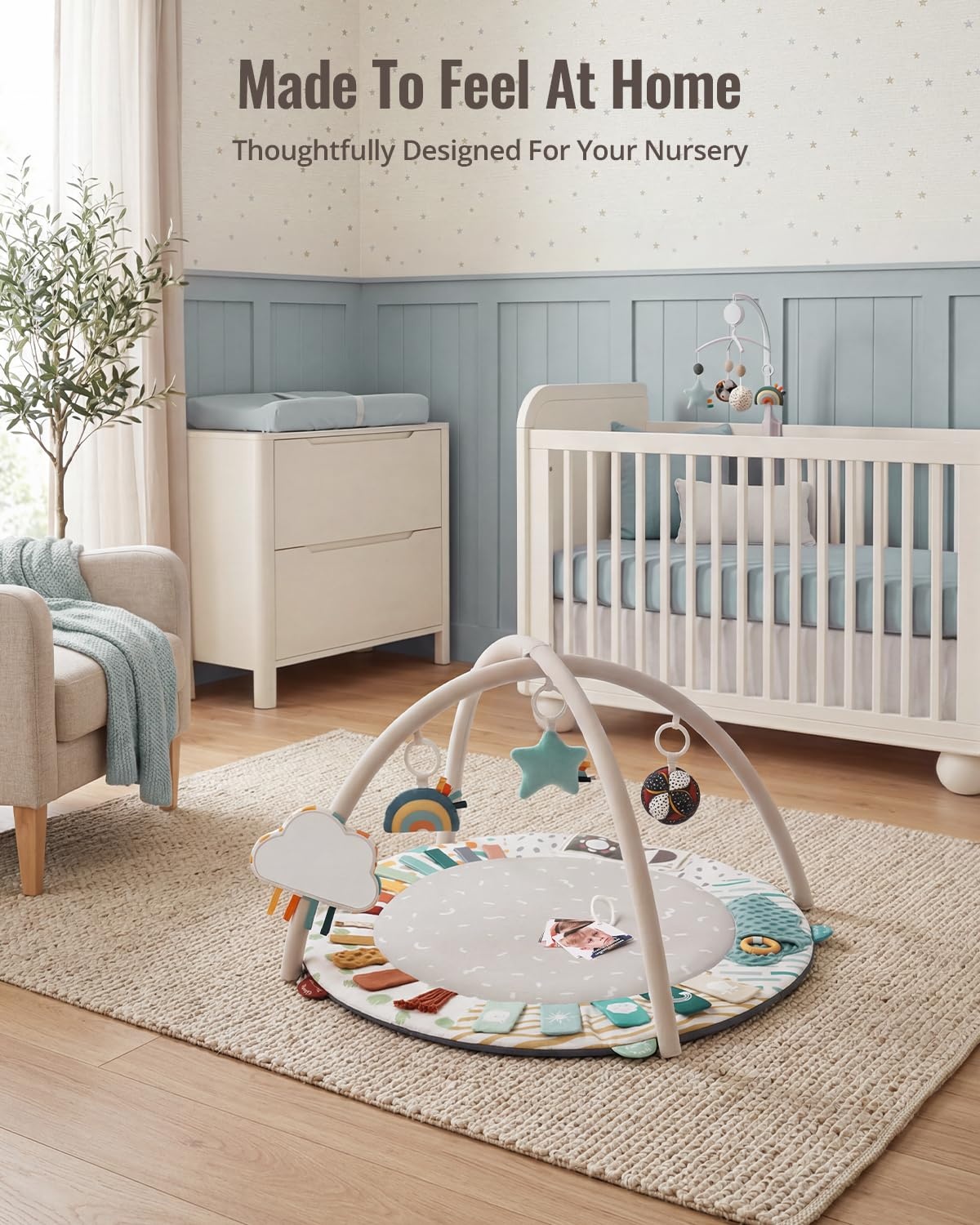 image:imageBlissful Diary Baby Play Gym 5 Development Zones Activity Tummy Time Mat  5 Sensory Toys StageBased Motor amp Sensory Development Washable Playmat Easy Setup Newborn Essentials Baby Shower GiftBoho Rainbow