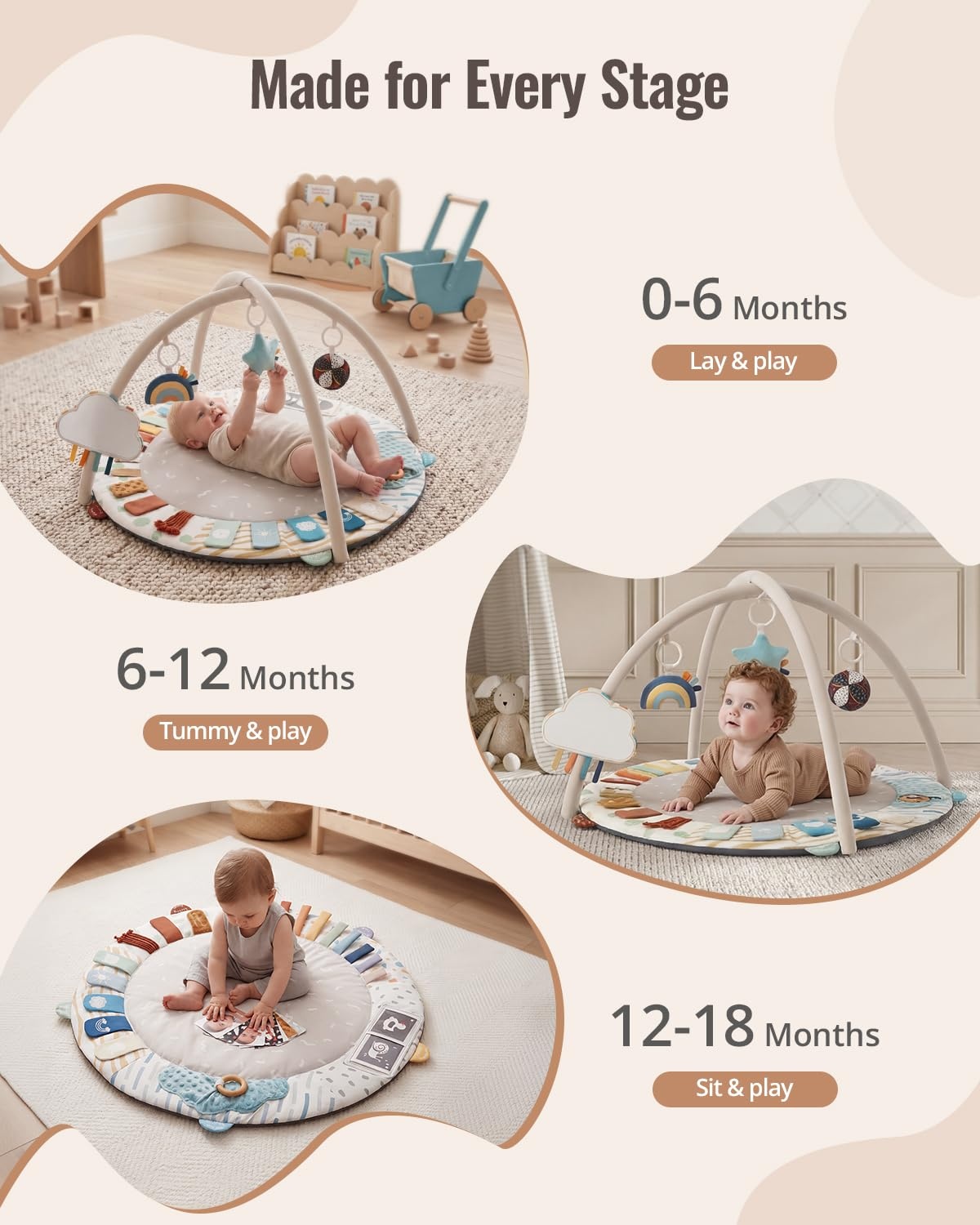 image:imageBlissful Diary Baby Play Gym 5 Development Zones Activity Tummy Time Mat  5 Sensory Toys StageBased Motor amp Sensory Development Washable Playmat Easy Setup Newborn Essentials Baby Shower GiftBoho Rainbow