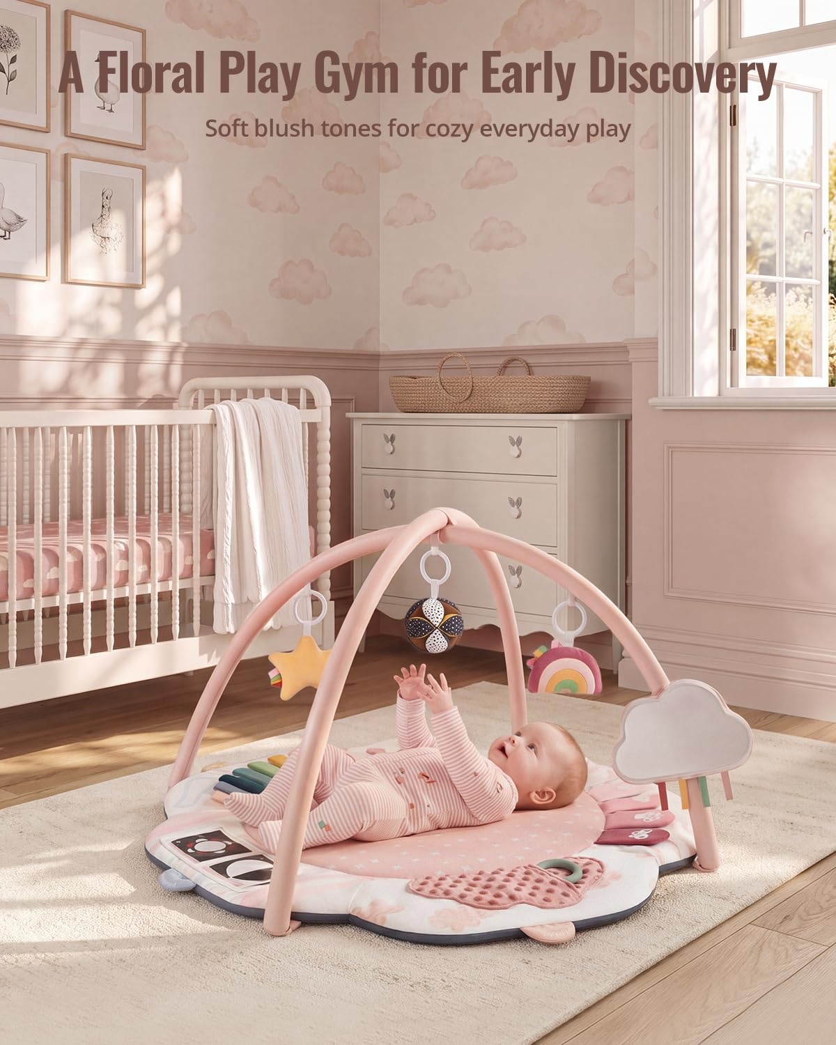 image:imageBlissful Diary Baby Play Gym 5 Development Zones Activity Tummy Time Mat  5 Sensory Toys StageBased Motor amp Sensory Development Washable Playmat Easy Setup Newborn Essentials Baby Shower GiftPink Floral