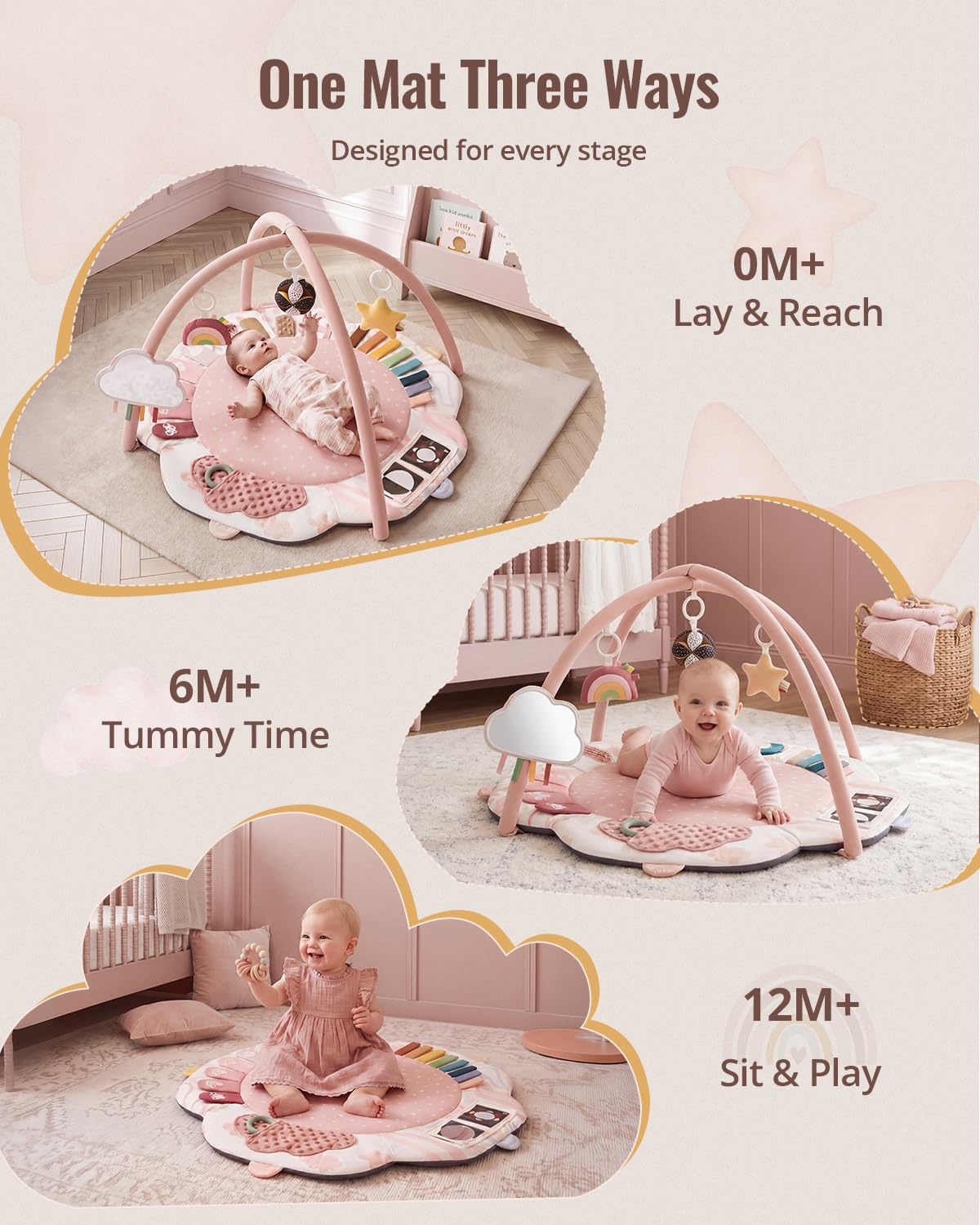 image:imageBlissful Diary Baby Play Gym 5 Development Zones Activity Tummy Time Mat  5 Sensory Toys StageBased Motor amp Sensory Development Washable Playmat Easy Setup Newborn Essentials Baby Shower GiftPink Floral