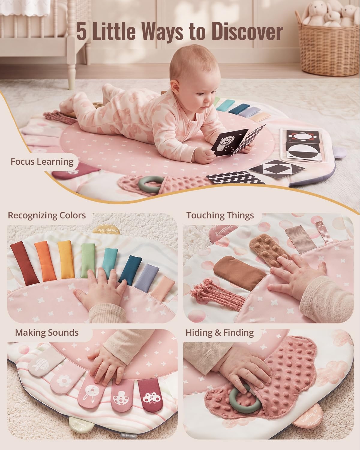 image:imageBlissful Diary Baby Play Gym 5 Development Zones Activity Tummy Time Mat  5 Sensory Toys StageBased Motor amp Sensory Development Washable Playmat Easy Setup Newborn Essentials Baby Shower GiftPink Floral