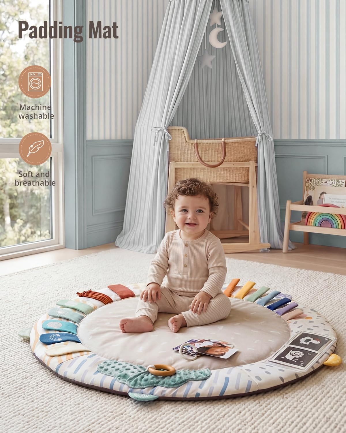 image:imageBlissful Diary Baby Play Gym 5 Development Zones Activity Tummy Time Mat  5 Sensory Toys StageBased Motor amp Sensory Development Washable Playmat Easy Setup Newborn Essentials Baby Shower GiftBoho Rainbow