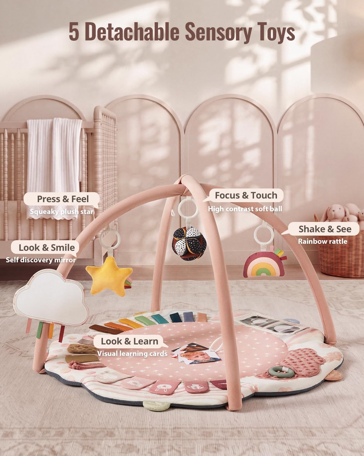 image:imageBlissful Diary Baby Play Gym 5 Development Zones Activity Tummy Time Mat  5 Sensory Toys StageBased Motor amp Sensory Development Washable Playmat Easy Setup Newborn Essentials Baby Shower GiftPink Floral