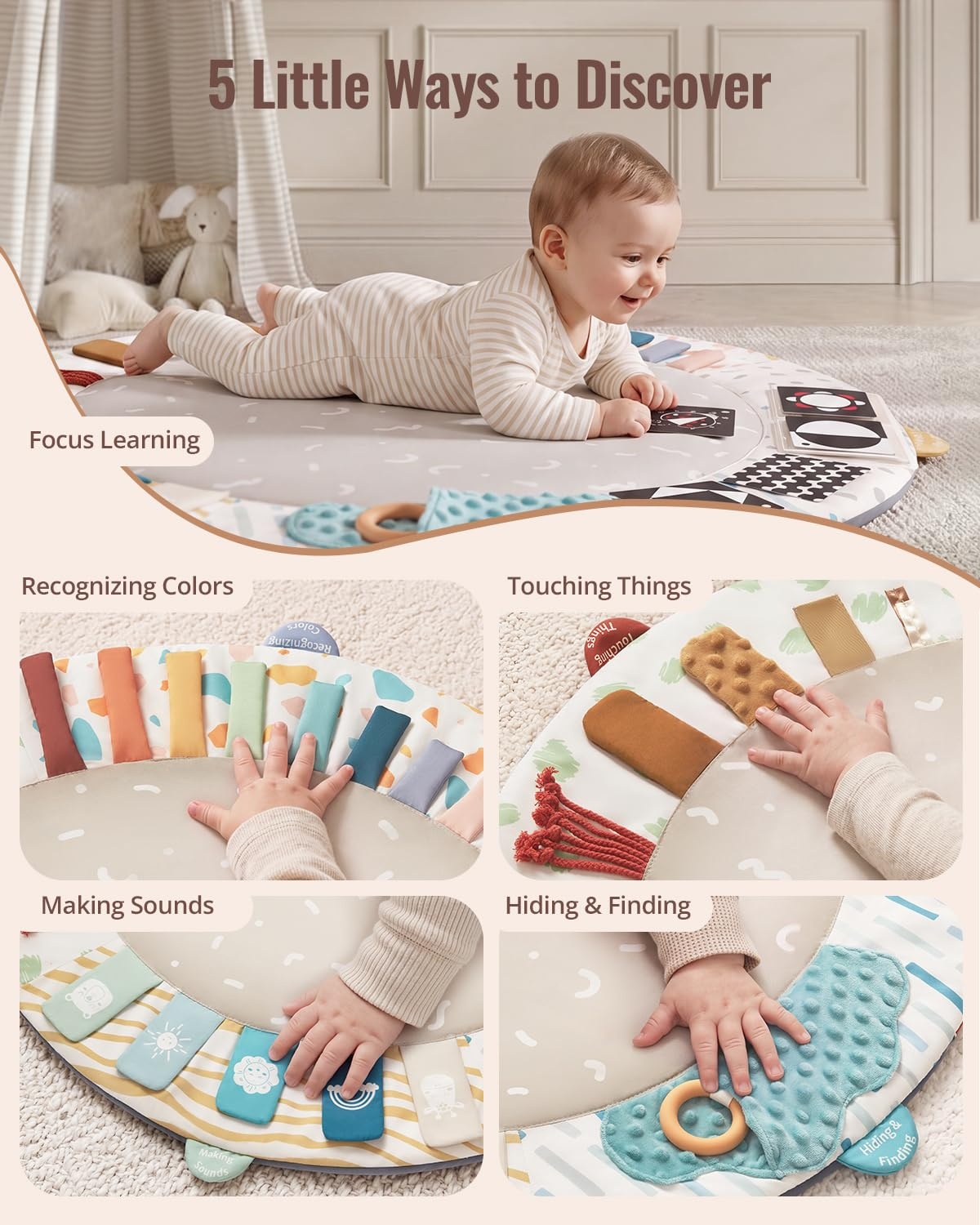 image:imageBlissful Diary Baby Play Gym 5 Development Zones Activity Tummy Time Mat  5 Sensory Toys StageBased Motor amp Sensory Development Washable Playmat Easy Setup Newborn Essentials Baby Shower GiftBoho Rainbow