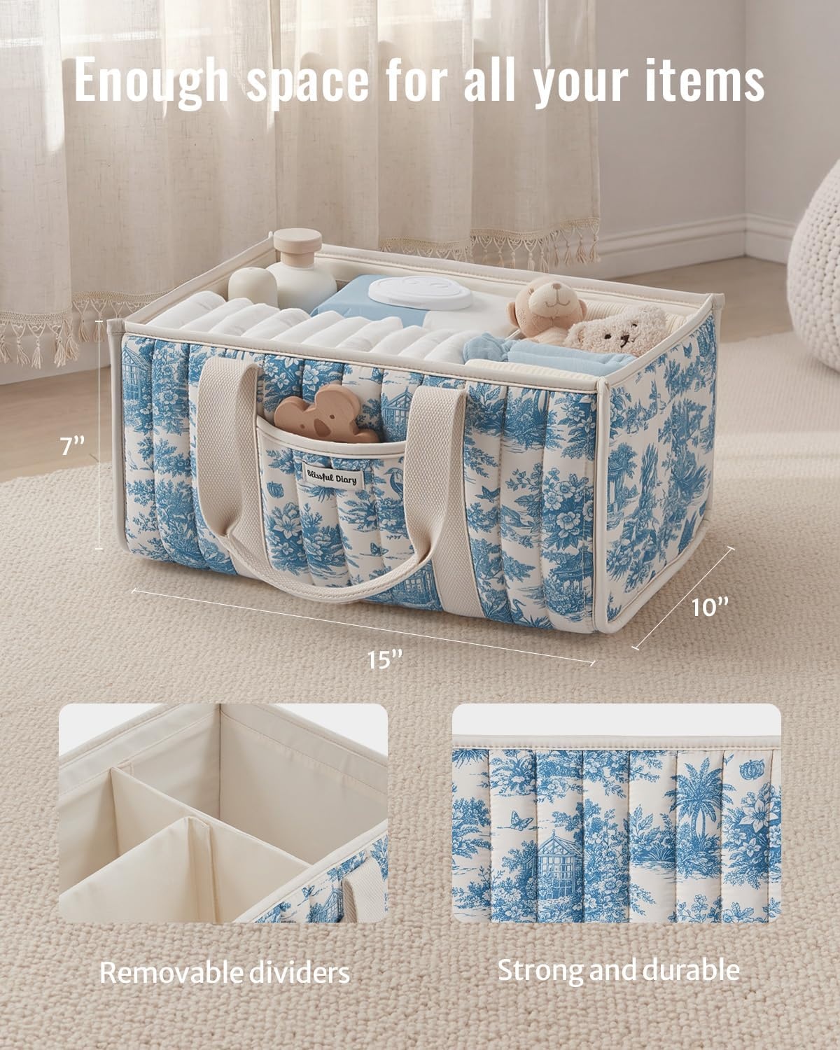 image:imageBlissful Diary Toile Diaper Caddy Organizer Baby Diaper Basket Blue Toile  French Vintage Toile Nursery Storage Basket Gift for Baby Shower Newborn Boy amp Girl Essentials Registry Search Must HavesBlue Toile