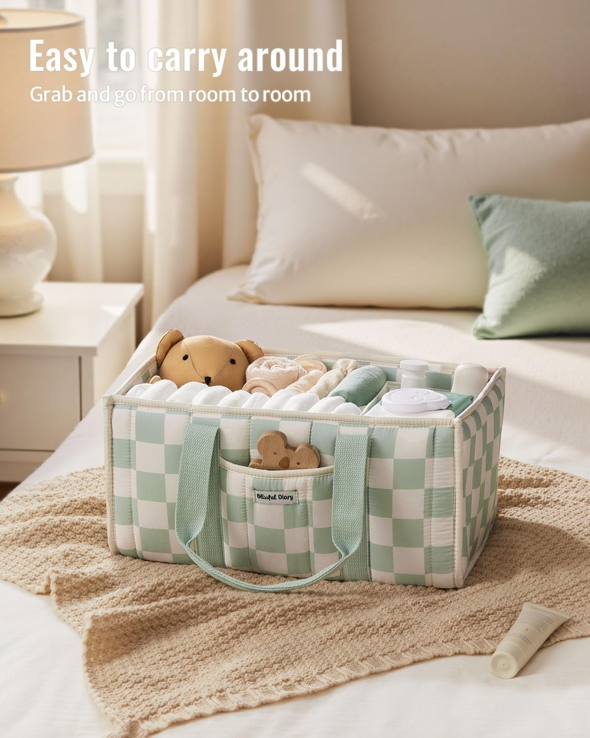 image:imageBlissful Diary Toile Diaper Caddy Organizer Baby Diaper Basket Blue Toile  French Vintage Toile Nursery Storage Basket Gift for Baby Shower Newborn Boy amp Girl Essentials Registry Search Must HavesCheckered Sage Green