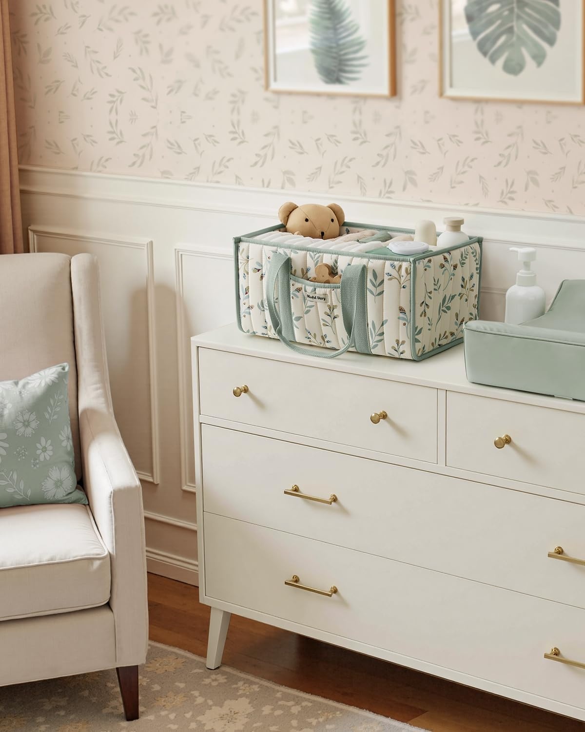 image:imageBlissful Diary Toile Diaper Caddy Organizer Baby Diaper Basket Blue Toile  French Vintage Toile Nursery Storage Basket Gift for Baby Shower Newborn Boy amp Girl Essentials Registry Search Must HavesSage Leaf