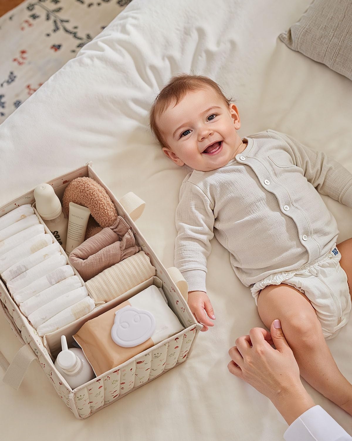 image:imageBlissful Diary Toile Diaper Caddy Organizer Baby Diaper Basket Blue Toile  French Vintage Toile Nursery Storage Basket Gift for Baby Shower Newborn Boy amp Girl Essentials Registry Search Must HavesWoodland Cream