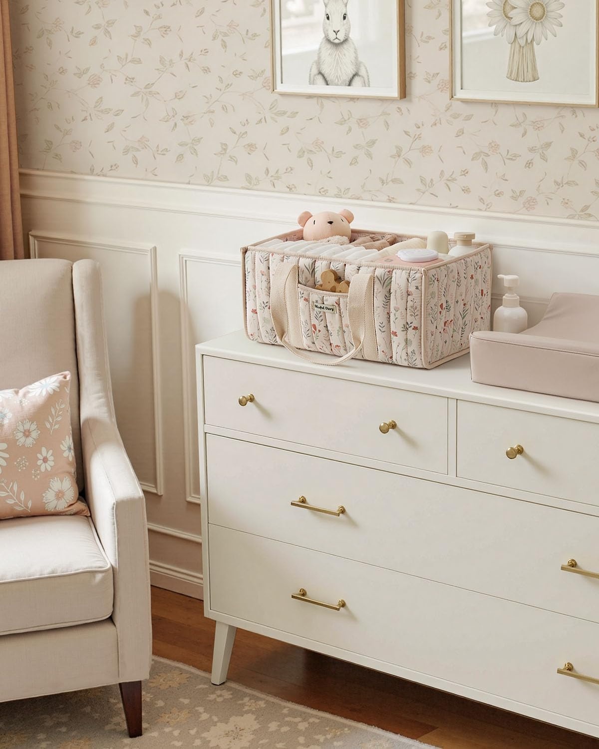 image:imageBlissful Diary Toile Diaper Caddy Organizer Baby Diaper Basket Blue Toile  French Vintage Toile Nursery Storage Basket Gift for Baby Shower Newborn Boy amp Girl Essentials Registry Search Must HavesFloral Beige