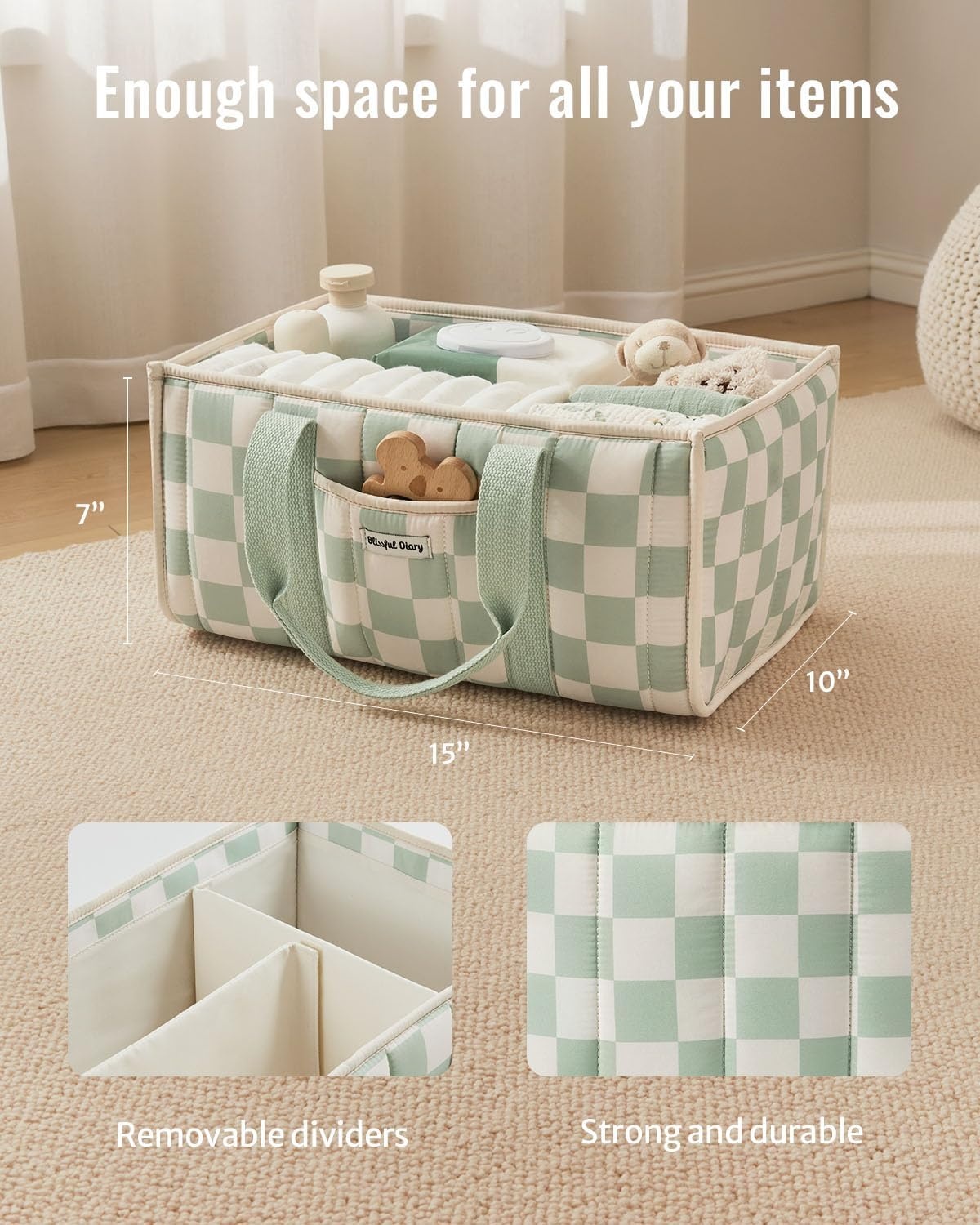 image:imageBlissful Diary Toile Diaper Caddy Organizer Baby Diaper Basket Blue Toile  French Vintage Toile Nursery Storage Basket Gift for Baby Shower Newborn Boy amp Girl Essentials Registry Search Must HavesCheckered Sage Green
