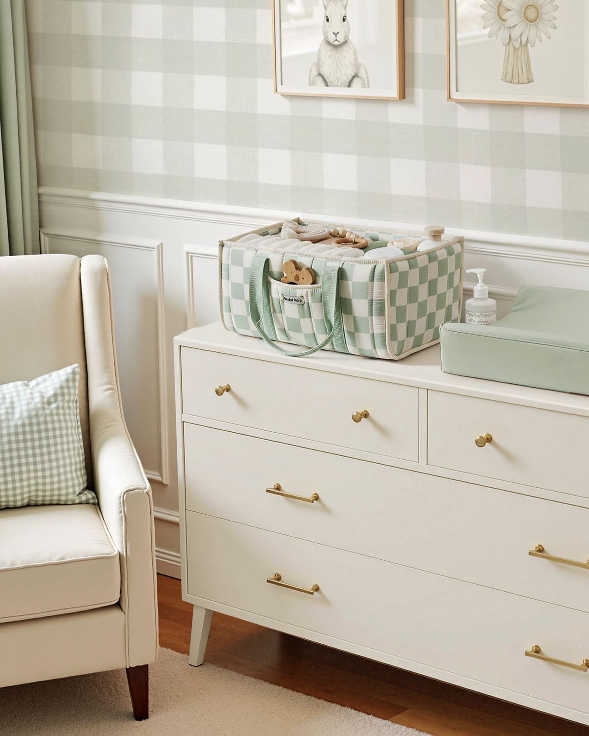 image:imageBlissful Diary Toile Diaper Caddy Organizer Baby Diaper Basket Blue Toile  French Vintage Toile Nursery Storage Basket Gift for Baby Shower Newborn Boy amp Girl Essentials Registry Search Must HavesCheckered Sage Green