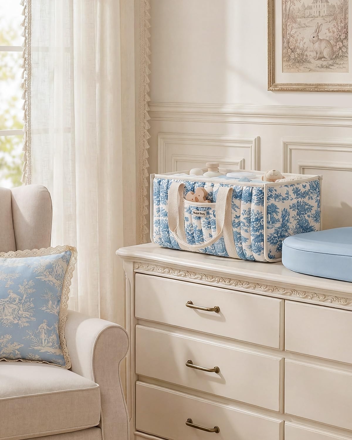 image:imageBlissful Diary Toile Diaper Caddy Organizer Baby Diaper Basket Blue Toile  French Vintage Toile Nursery Storage Basket Gift for Baby Shower Newborn Boy amp Girl Essentials Registry Search Must HavesBlue Toile