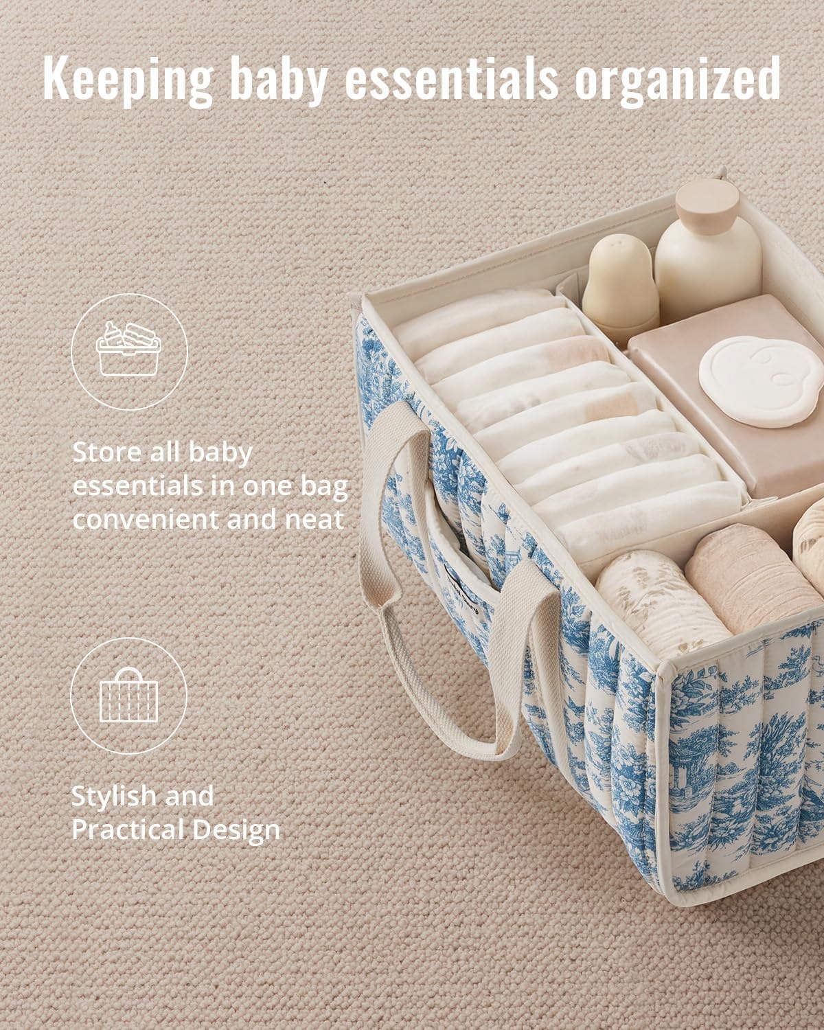 image:imageBlissful Diary Toile Diaper Caddy Organizer Baby Diaper Basket Blue Toile  French Vintage Toile Nursery Storage Basket Gift for Baby Shower Newborn Boy amp Girl Essentials Registry Search Must HavesBlue Toile