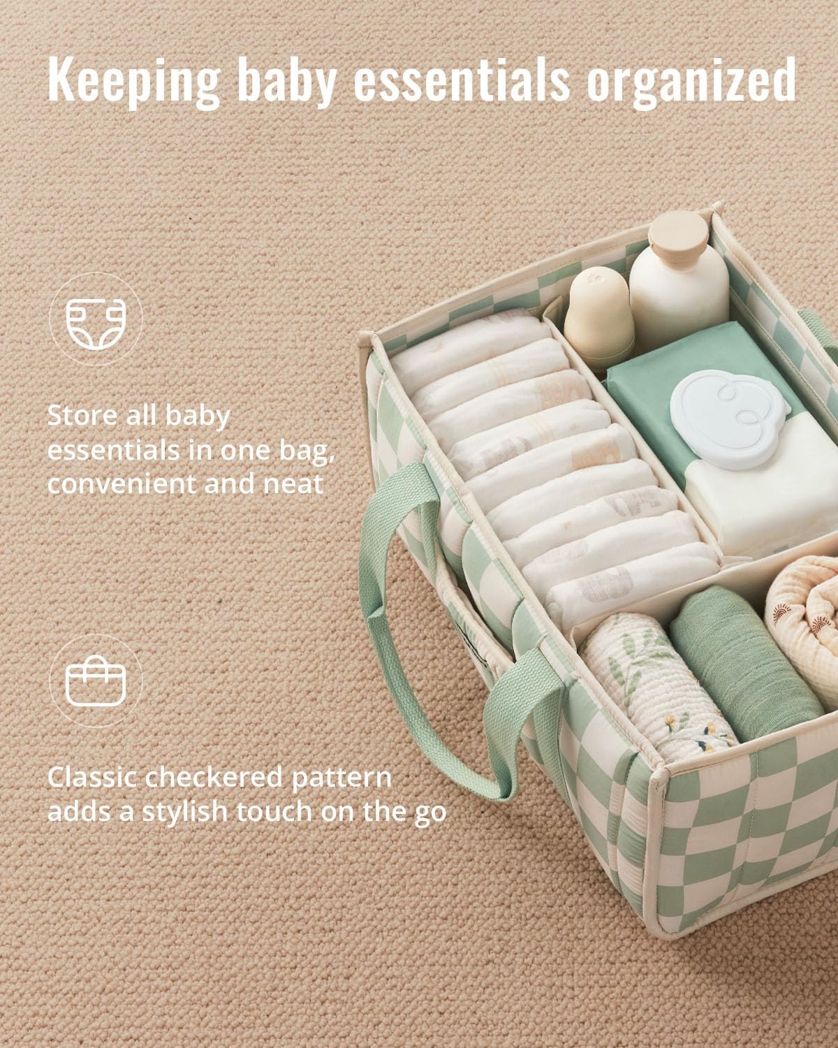 image:imageBlissful Diary Toile Diaper Caddy Organizer Baby Diaper Basket Blue Toile  French Vintage Toile Nursery Storage Basket Gift for Baby Shower Newborn Boy amp Girl Essentials Registry Search Must HavesCheckered Sage Green