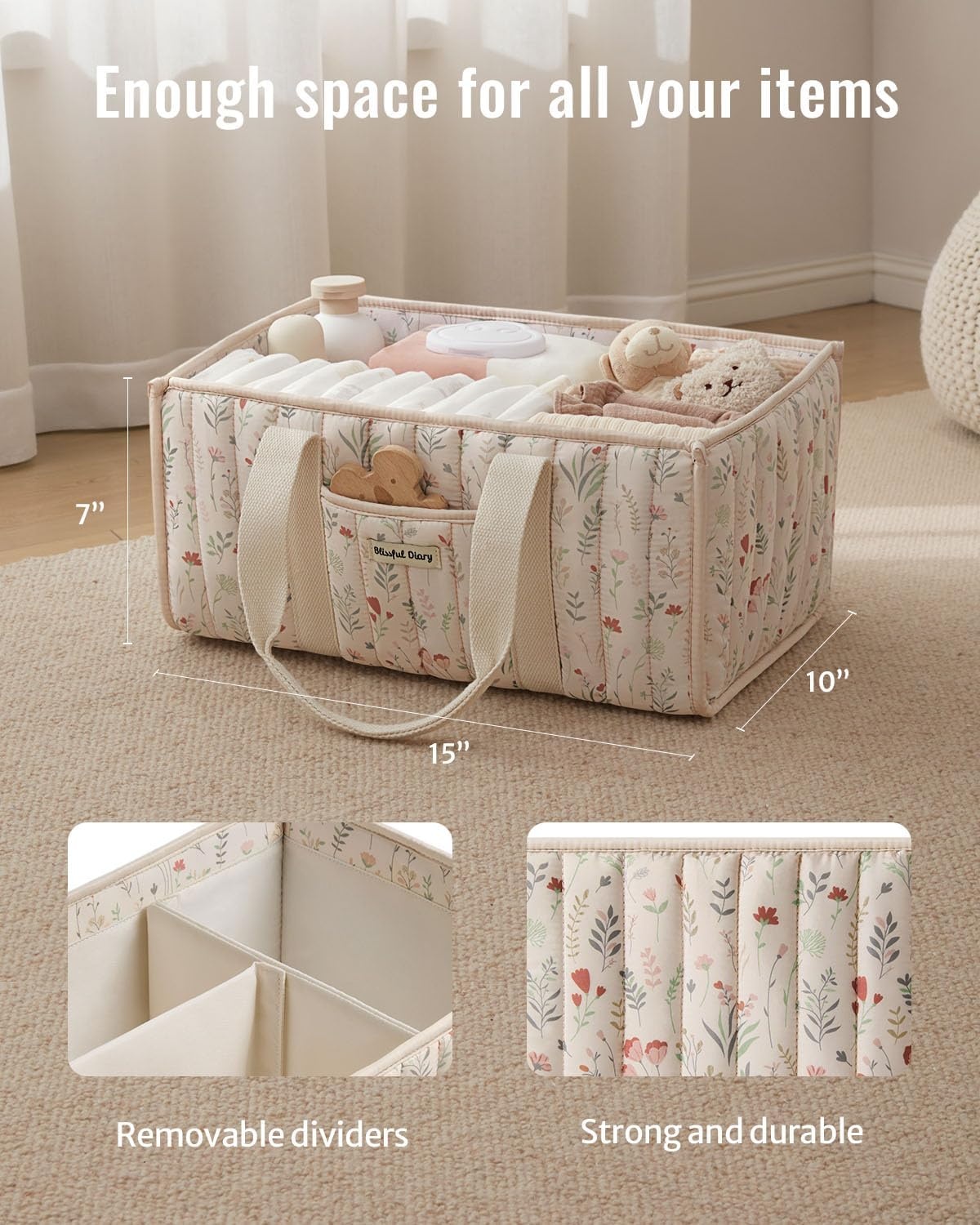 image:imageBlissful Diary Toile Diaper Caddy Organizer Baby Diaper Basket Blue Toile  French Vintage Toile Nursery Storage Basket Gift for Baby Shower Newborn Boy amp Girl Essentials Registry Search Must HavesFloral Beige