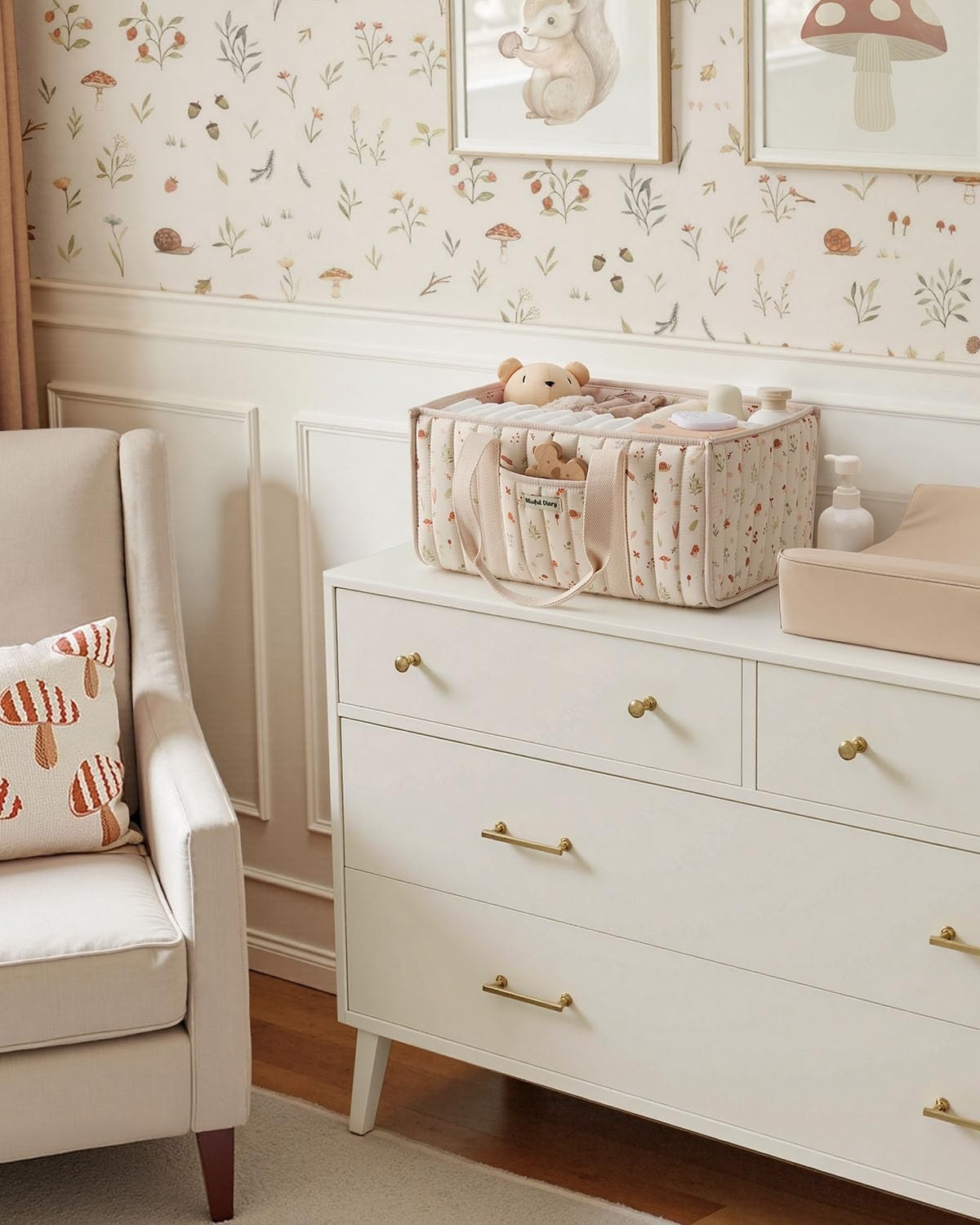 image:imageBlissful Diary Toile Diaper Caddy Organizer Baby Diaper Basket Blue Toile  French Vintage Toile Nursery Storage Basket Gift for Baby Shower Newborn Boy amp Girl Essentials Registry Search Must HavesWoodland Cream