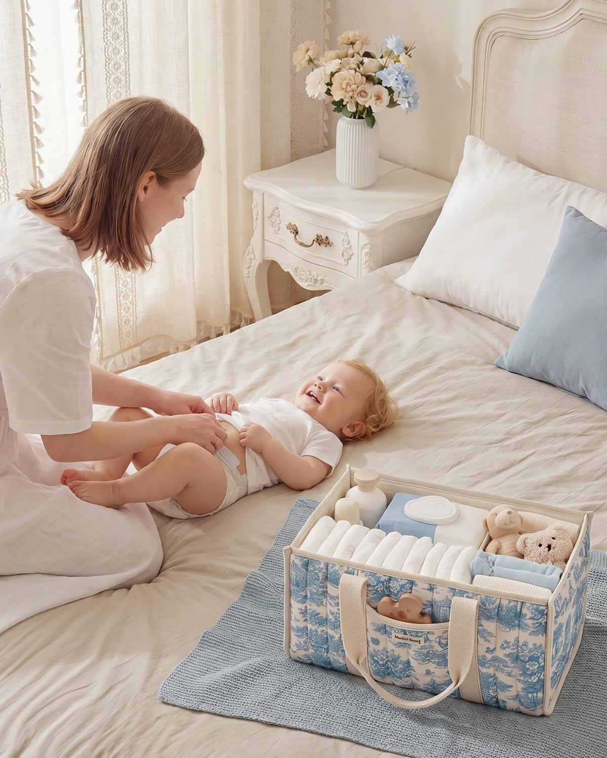 image:imageBlissful Diary Toile Diaper Caddy Organizer Baby Diaper Basket Blue Toile  French Vintage Toile Nursery Storage Basket Gift for Baby Shower Newborn Boy amp Girl Essentials Registry Search Must HavesBlue Toile