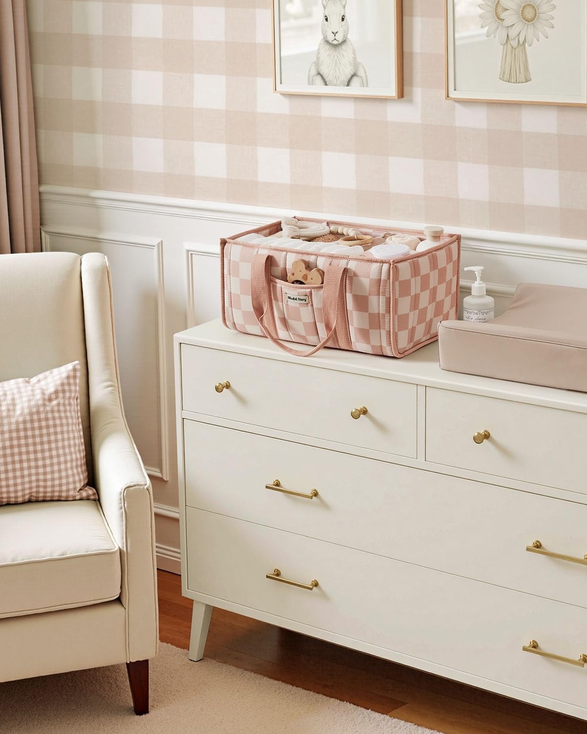 image:imageBlissful Diary Toile Diaper Caddy Organizer Baby Diaper Basket Blue Toile  French Vintage Toile Nursery Storage Basket Gift for Baby Shower Newborn Boy amp Girl Essentials Registry Search Must HavesCheckered Pink