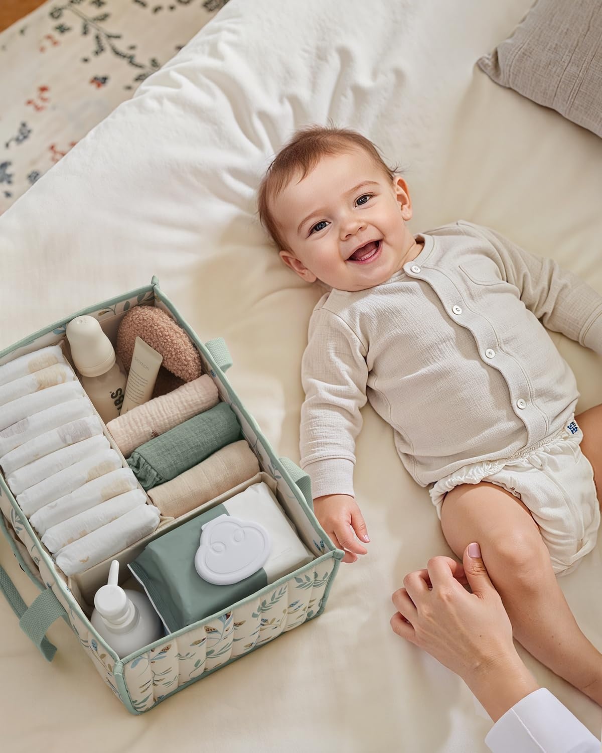image:imageBlissful Diary Toile Diaper Caddy Organizer Baby Diaper Basket Blue Toile  French Vintage Toile Nursery Storage Basket Gift for Baby Shower Newborn Boy amp Girl Essentials Registry Search Must HavesSage Leaf
