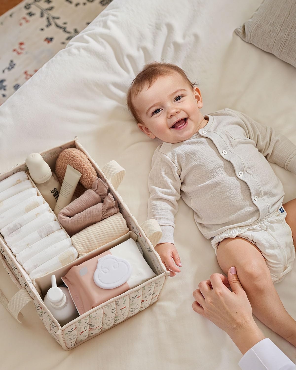 image:imageBlissful Diary Toile Diaper Caddy Organizer Baby Diaper Basket Blue Toile  French Vintage Toile Nursery Storage Basket Gift for Baby Shower Newborn Boy amp Girl Essentials Registry Search Must HavesFloral Beige