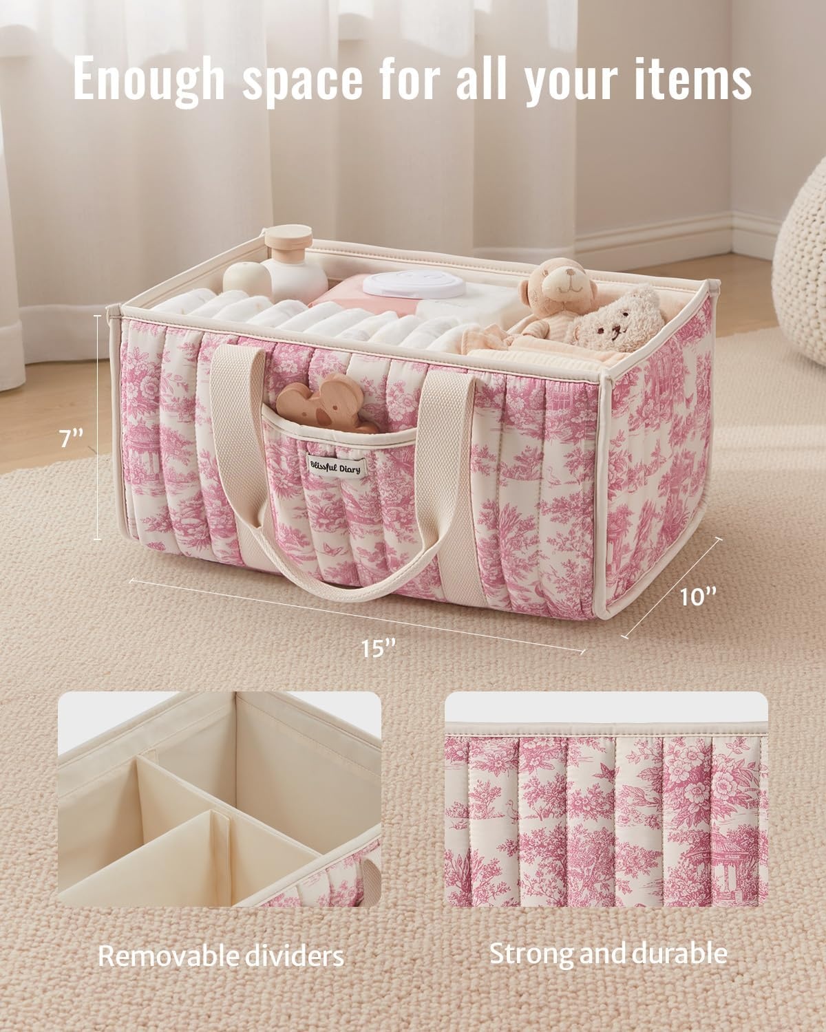 image:imageBlissful Diary Toile Diaper Caddy Organizer Baby Diaper Basket Blue Toile  French Vintage Toile Nursery Storage Basket Gift for Baby Shower Newborn Boy amp Girl Essentials Registry Search Must HavesPink Toile