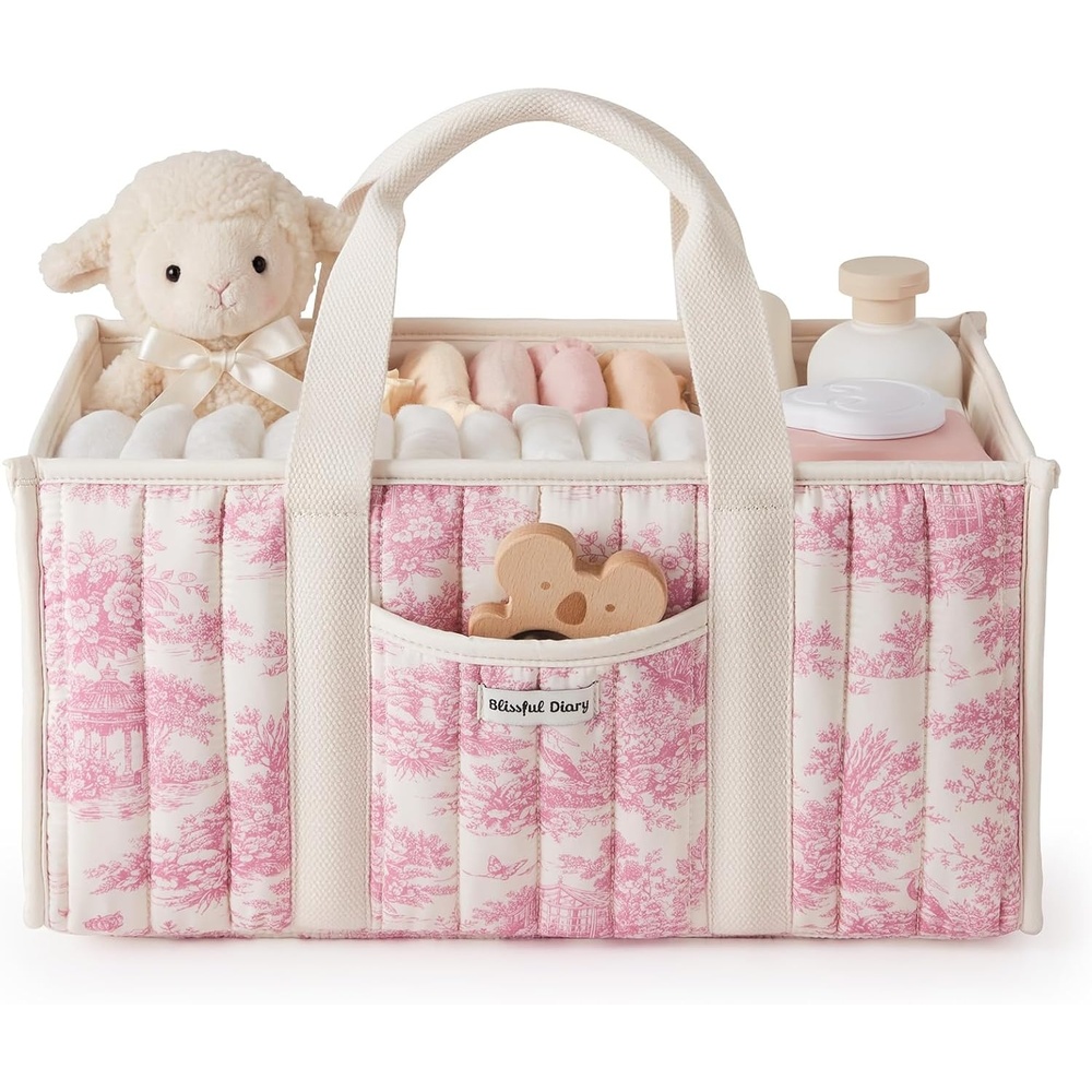 image:imageBlissful Diary Toile Diaper Caddy Organizer Baby Diaper Basket Blue Toile  French Vintage Toile Nursery Storage Basket Gift for Baby Shower Newborn Boy amp Girl Essentials Registry Search Must HavesPink Toile